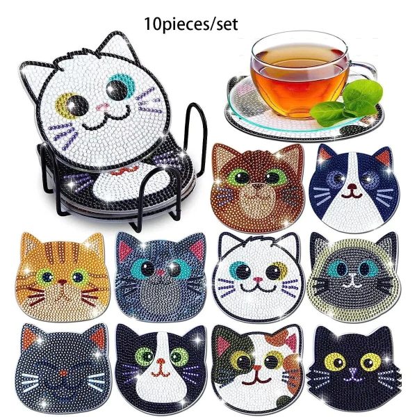 10pcs Diamond Cat Coasters Set