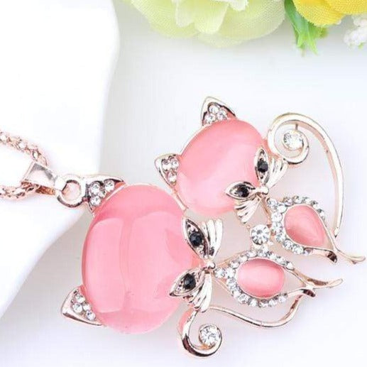 Elegant Pink Crystal Cat Necklace