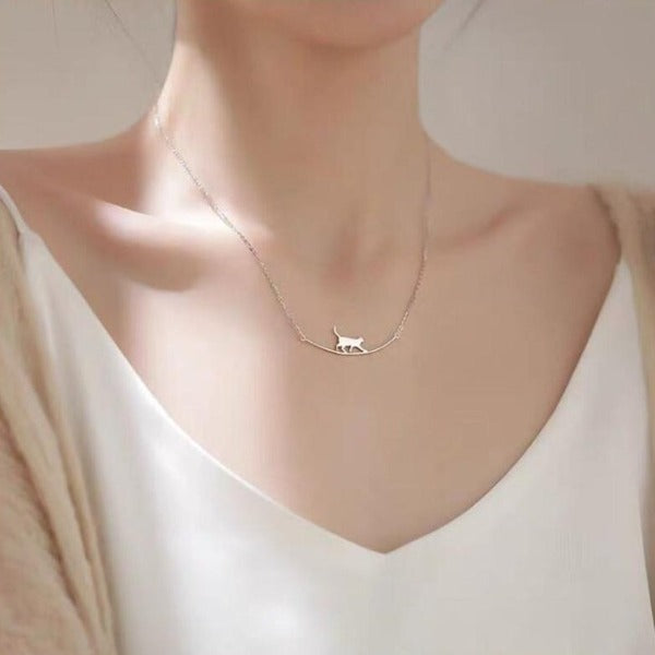 Walking Cat Curved Silver Necklace