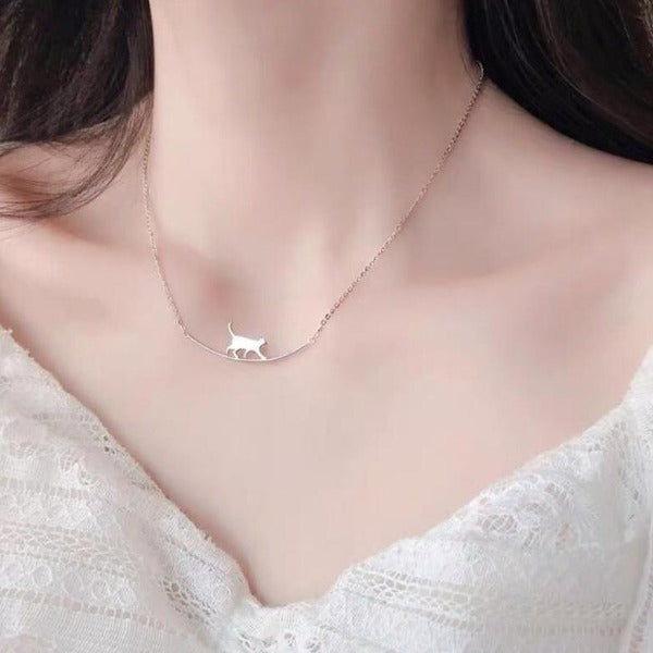 Walking Cat Curved Silver Necklace