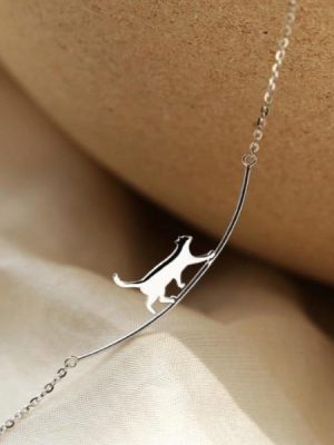 Walking Cat Curved Silver Necklace