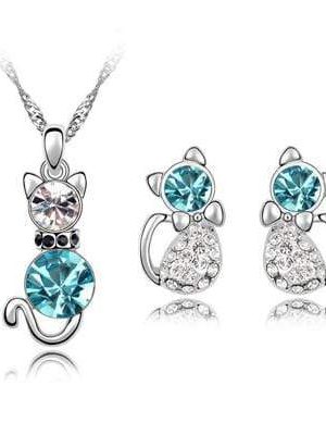 2Pc Crystal Cat Jewelry Set